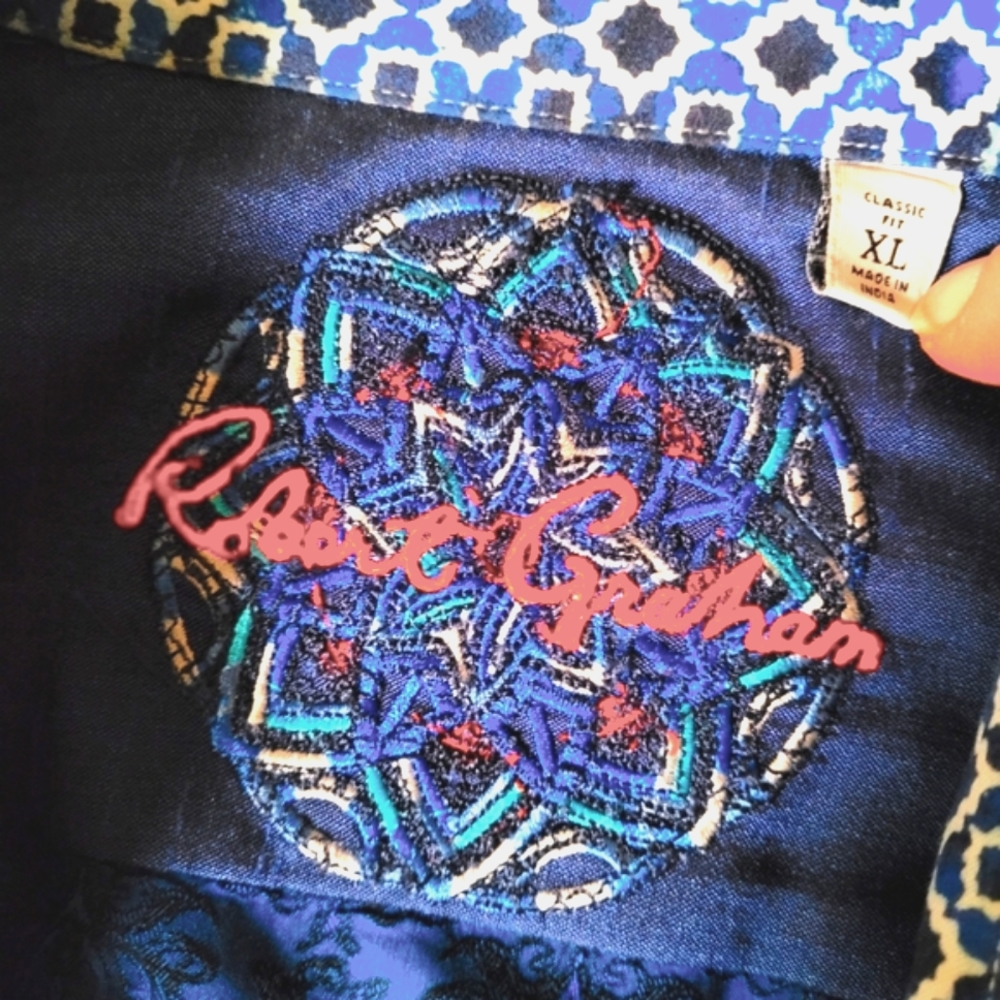 Robert Graham Size XL Dark Royal Blue/Black Print/Cuff/Collar Interior Contrast